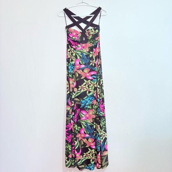 QED London Sheer Tropical Floral Maxi Dress Criss Cross & Cutout - Picture 1 of 10
